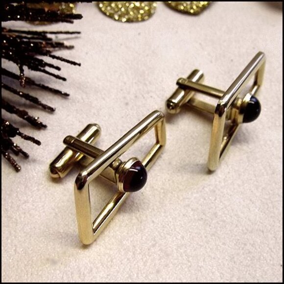 1950s Speidel Signed Red Glass Gold Geometric Vintage Cufflinks 14732 - Picture 5 of 6